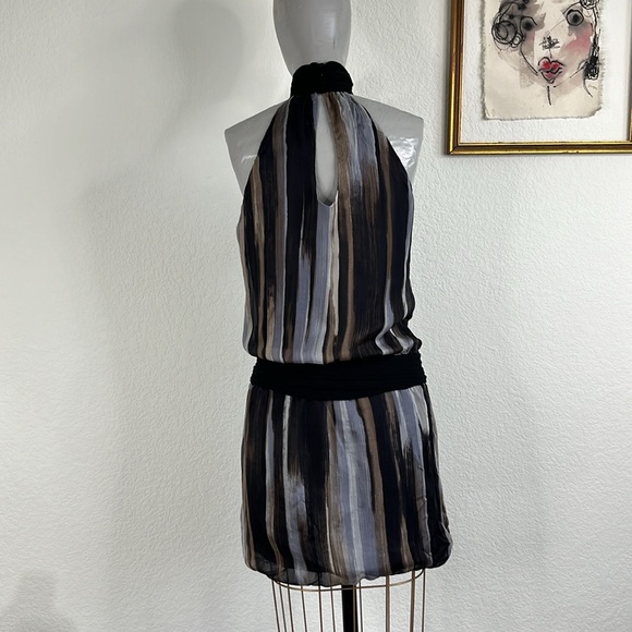 Zara Striped Inverted High Neck Cocktail Chiffon Dress - Picture 7 of 9